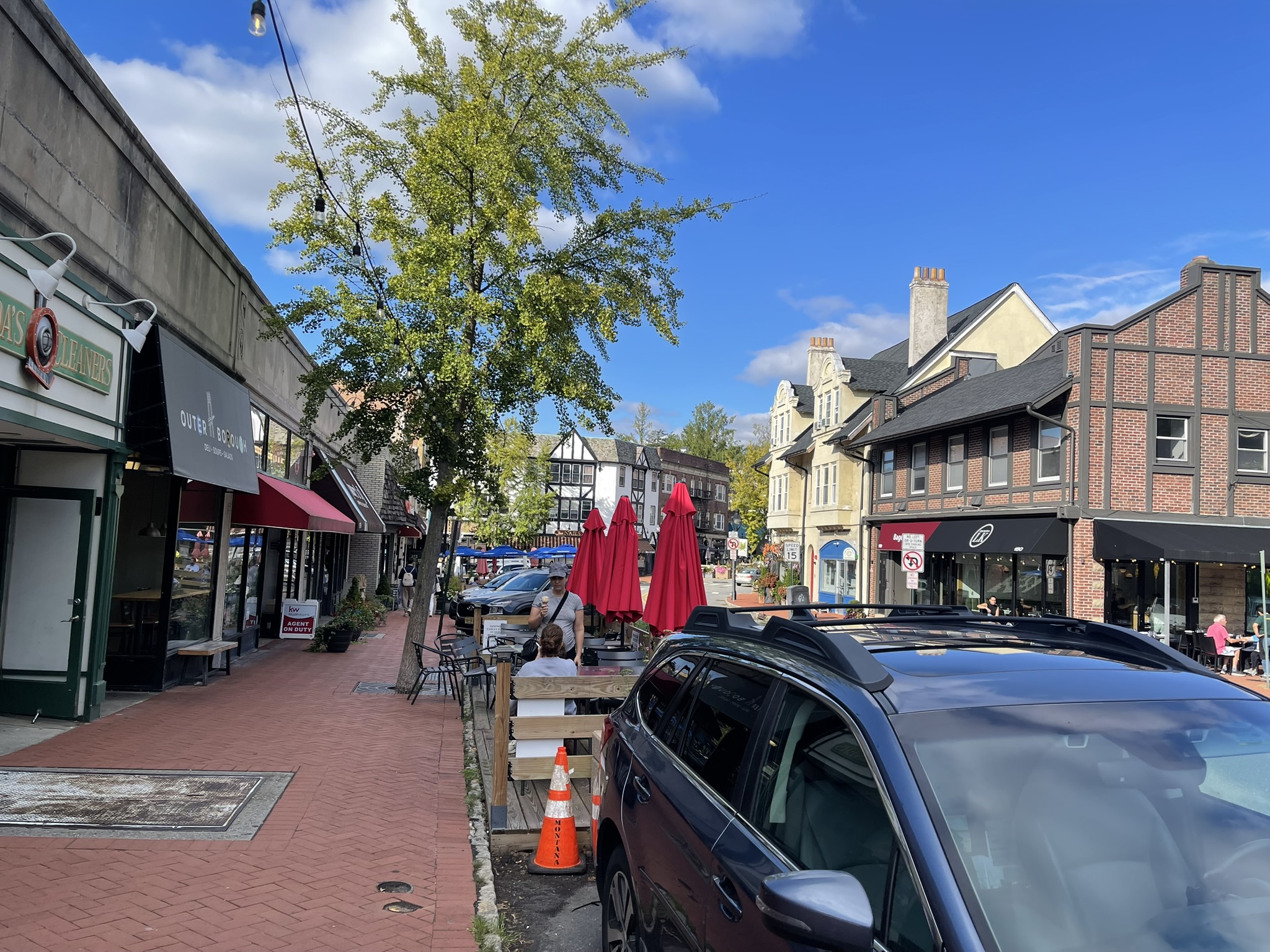Charming Maplewood downtown street with shops and outdoor dining