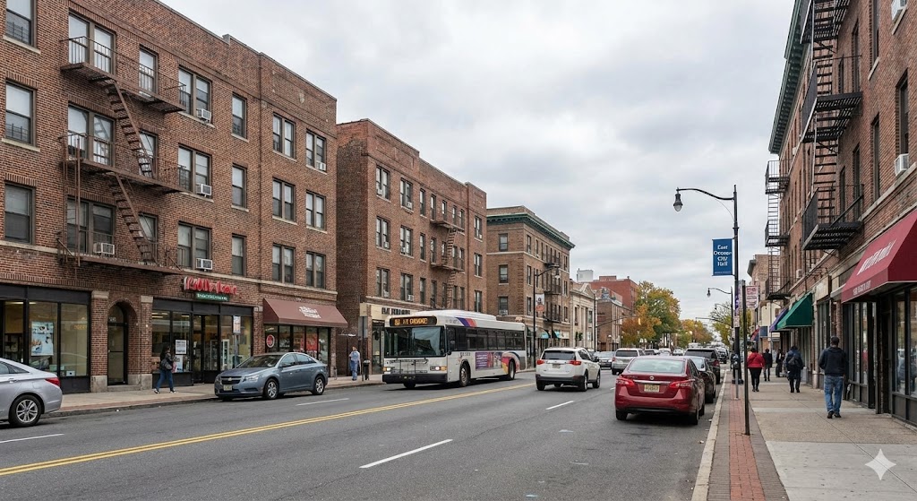Urban main street with local businesses in East Orange