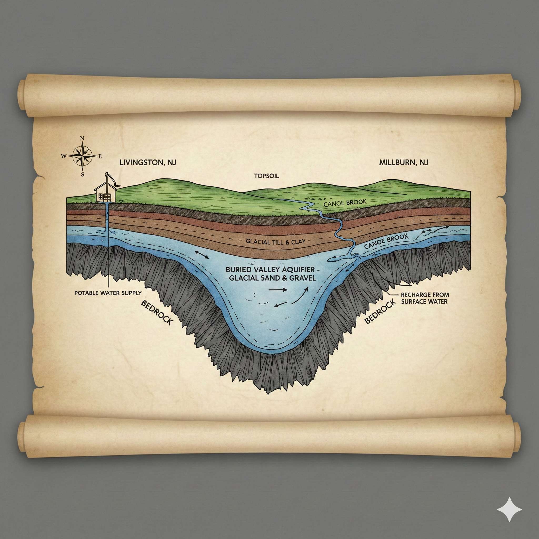 Cross-section diagram showing the Buried Valley Aquifer beneath Livingston and Millburn, NJ, with layers of topsoil, glacial till and clay, and glacial sand and gravel above bedrock