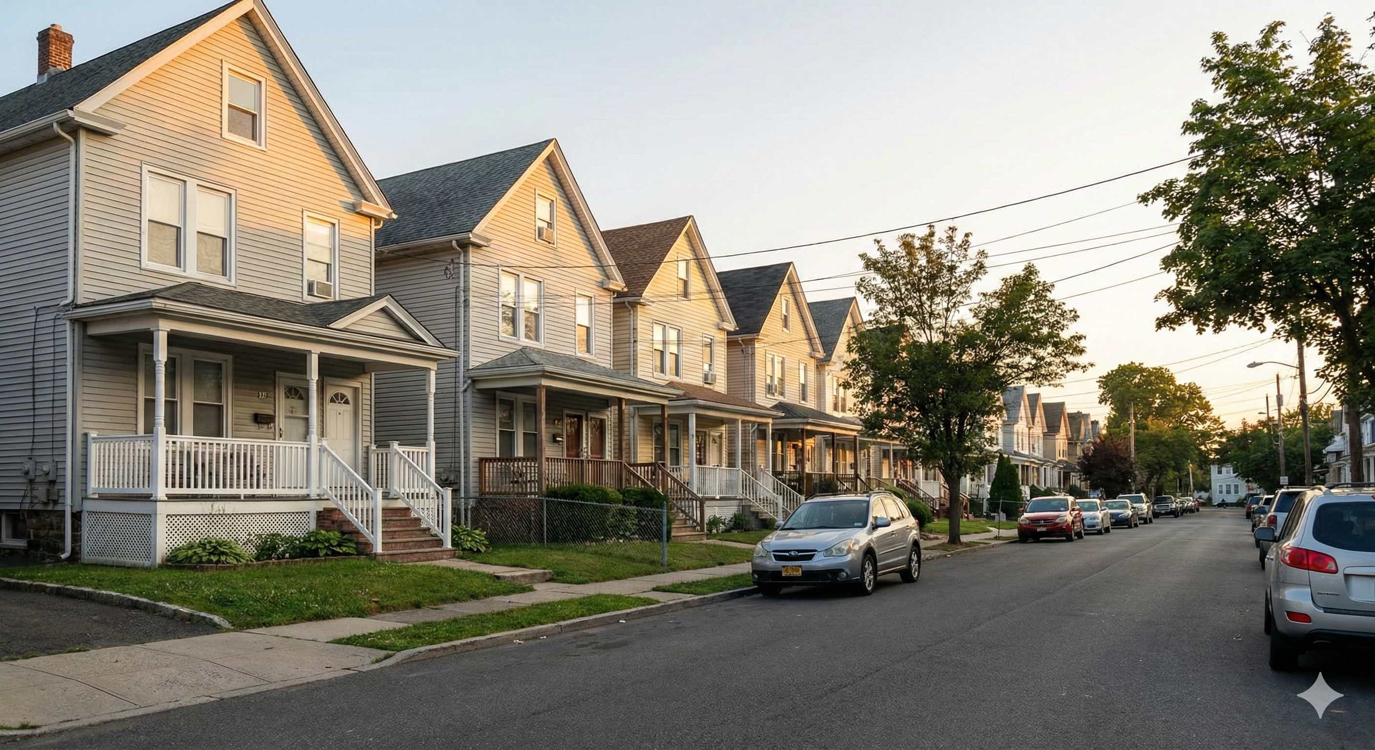 Residential street in Elizabeth, NJ at sunset with Victorian-style homes
