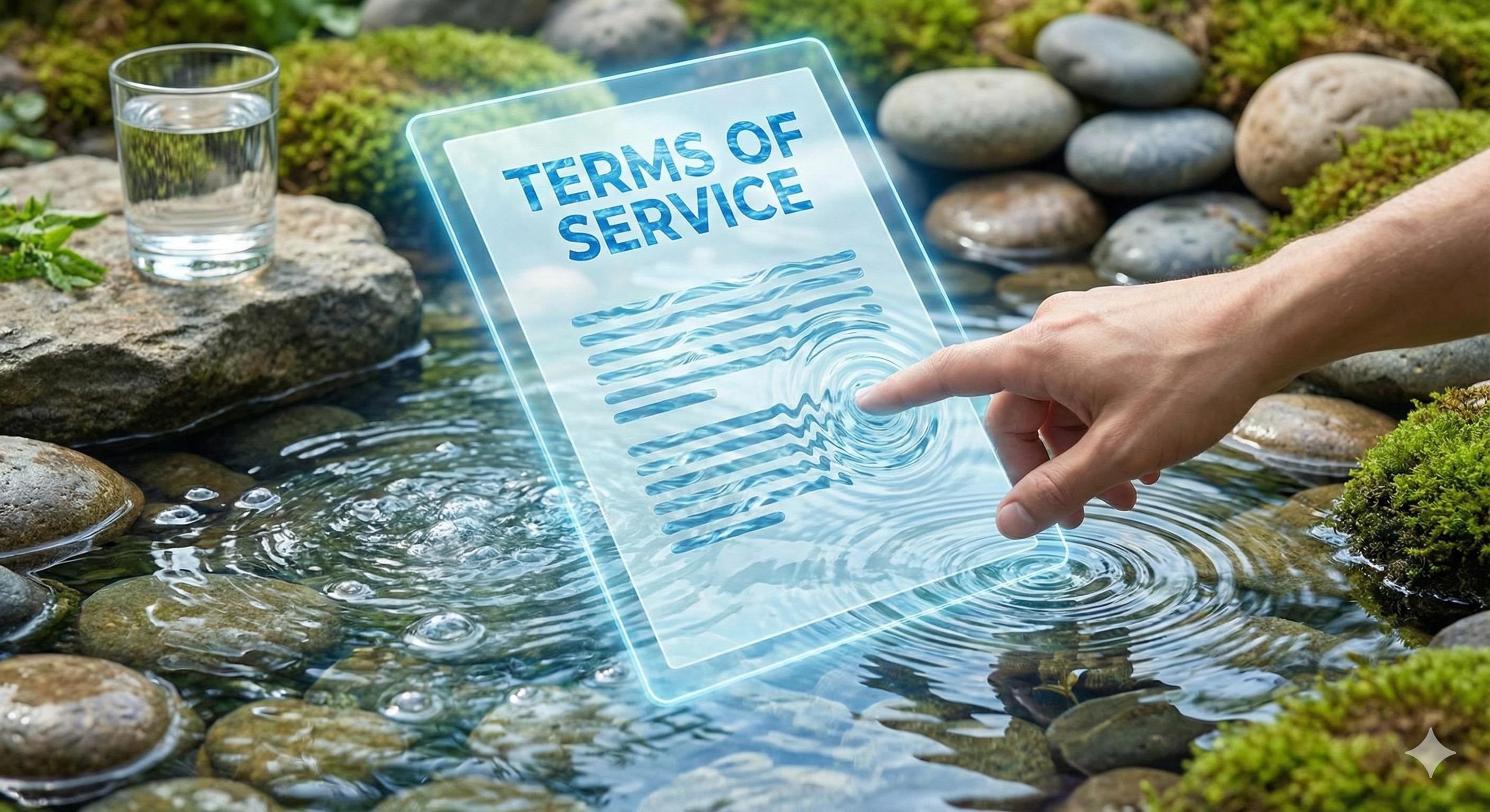 Terms of Service - Hand pointing at transparent tablet over water