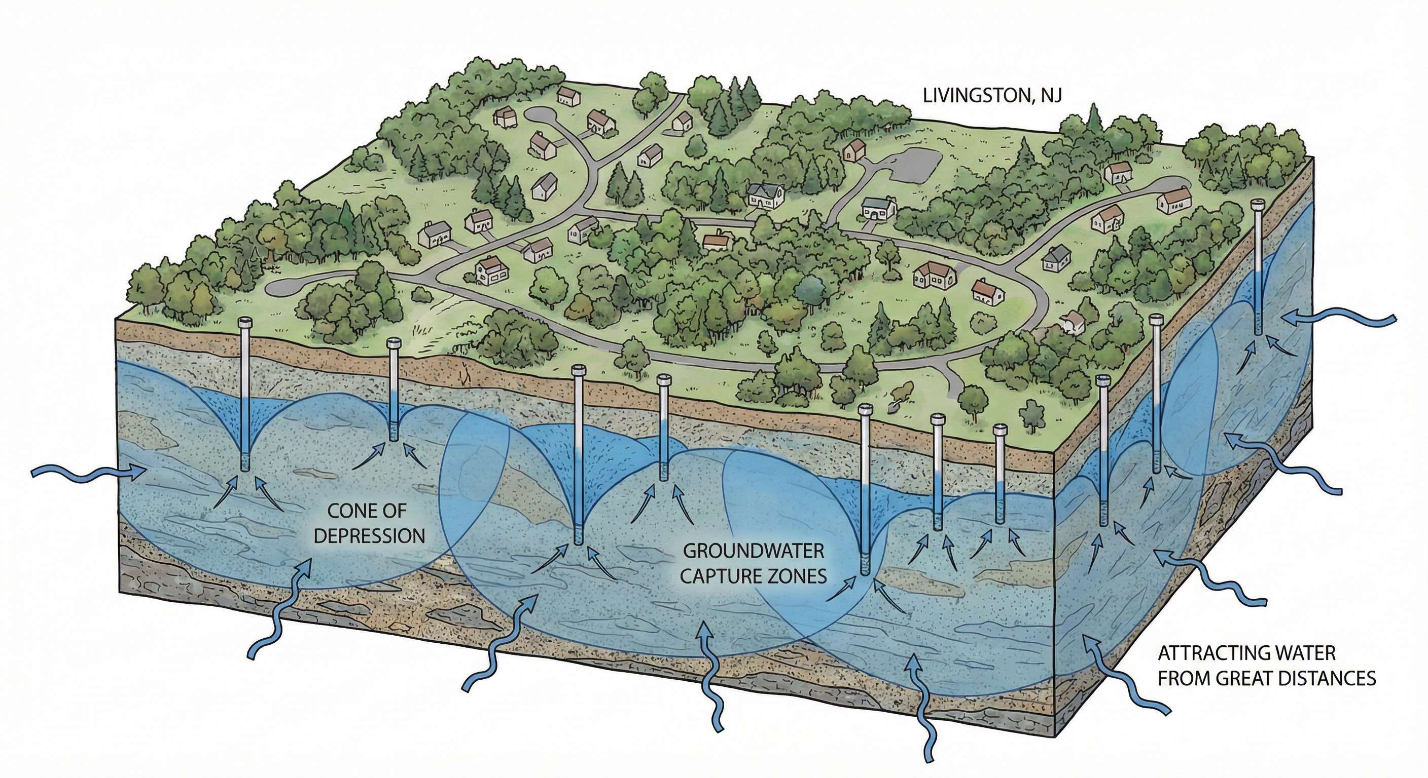 Illustration showing how water wells in Livingston create cones of depression, attracting contaminated groundwater from great distances
