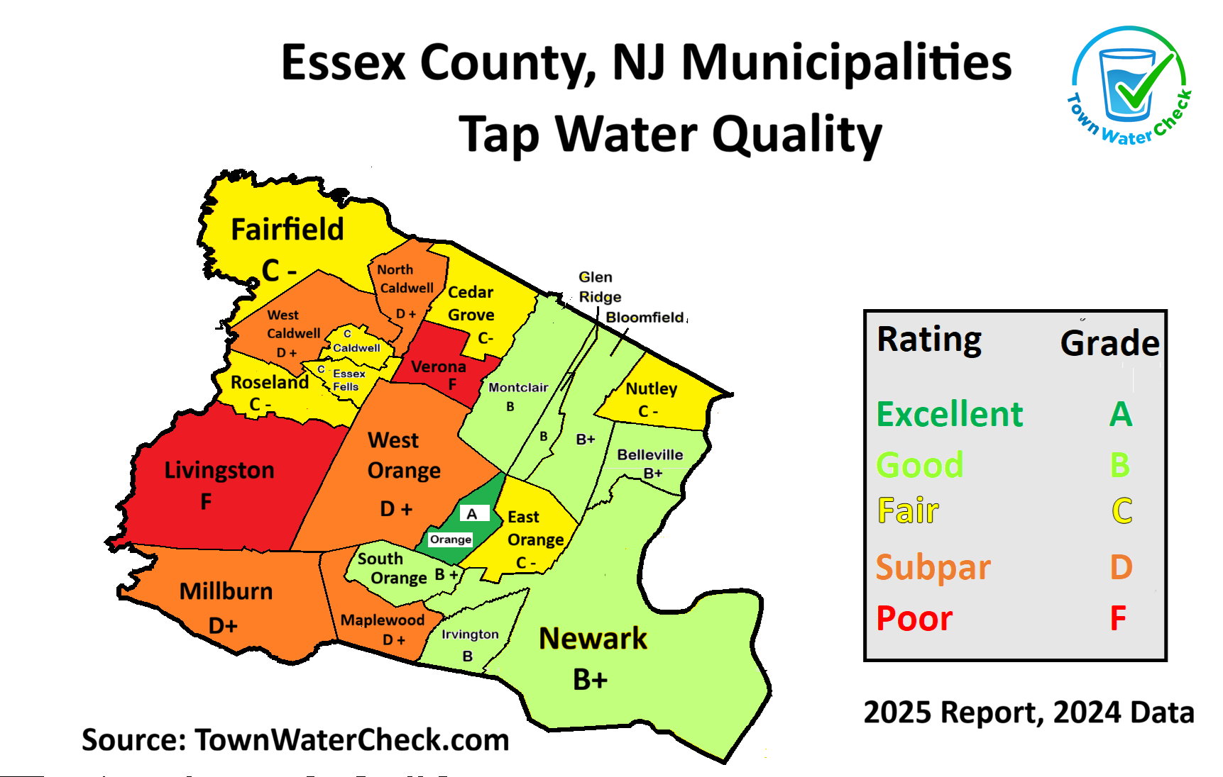 Map comparison, with grades of Livingston, NJ tap water to nearby communities