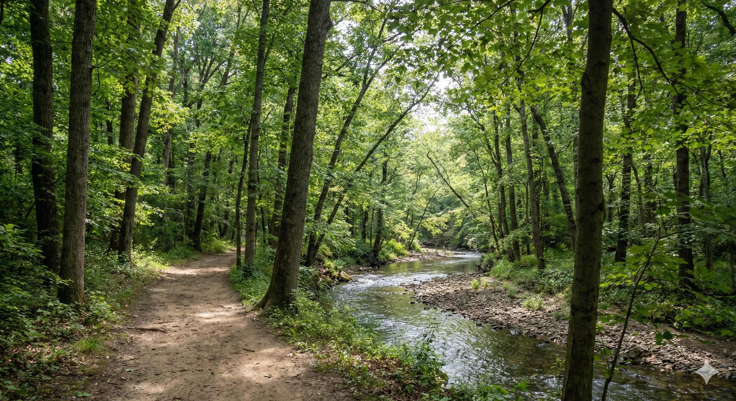 Scenic wooded trail along a stream in New Providence, NJ
