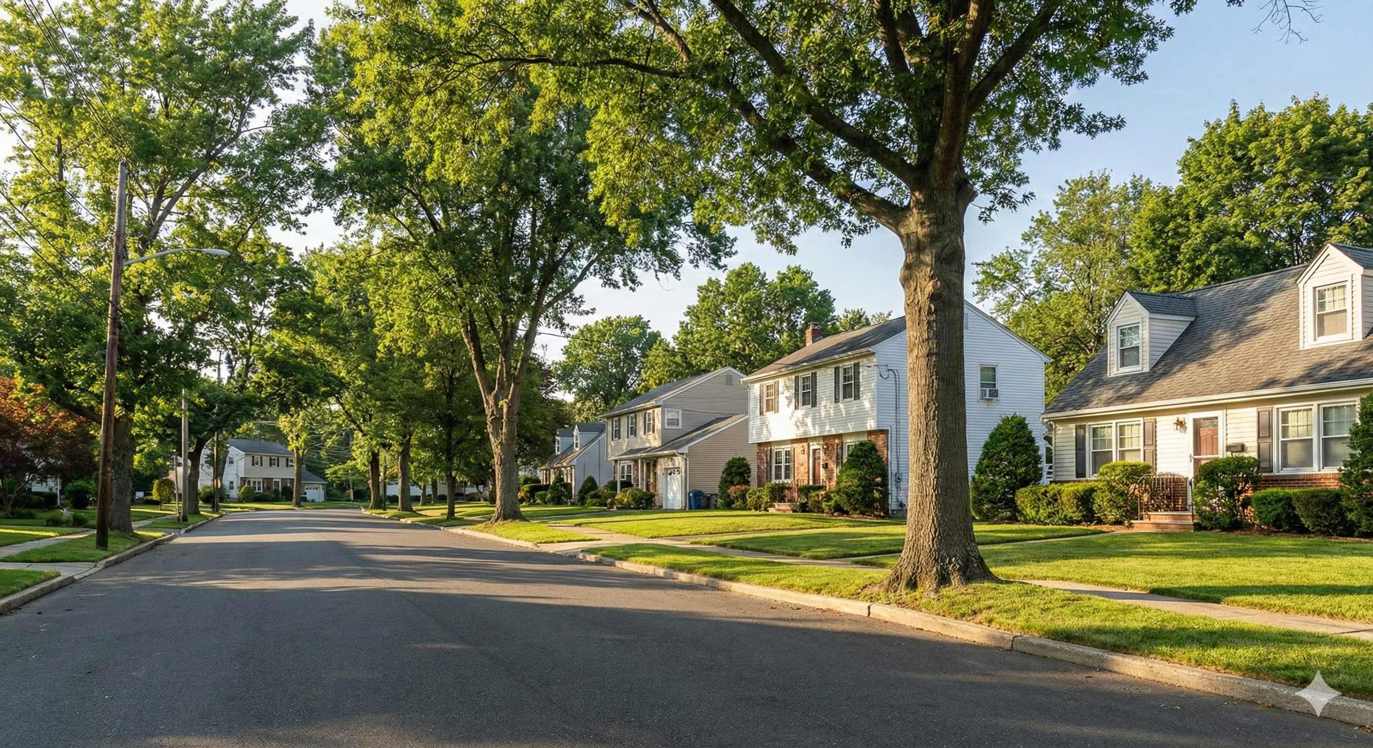 Tree-lined residential street in Rahway, NJ with Cape Cod style homes