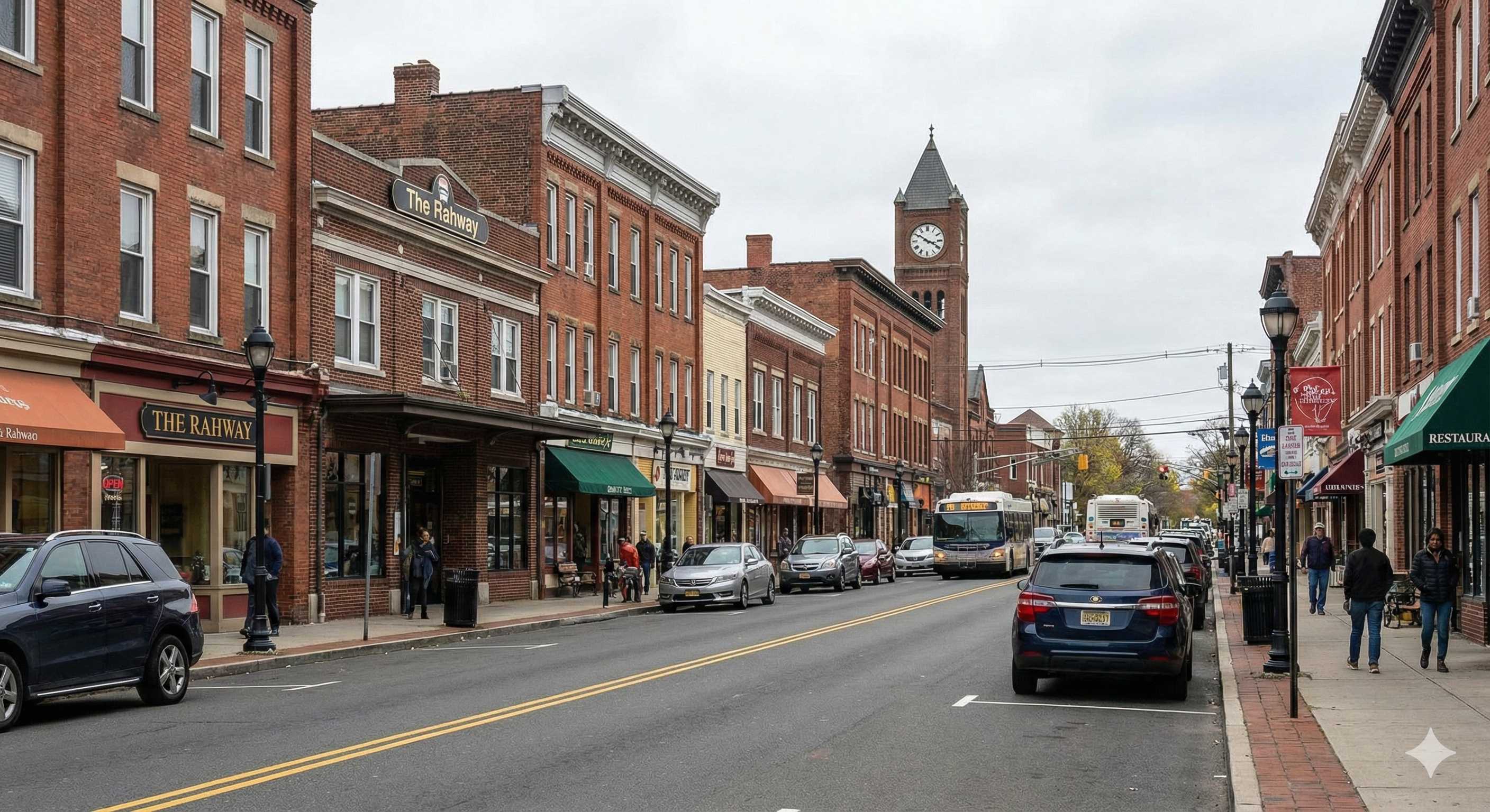 Downtown Rahway, NJ with clock tower and brick buildings