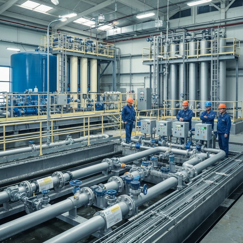 Municipal water treatment facility with workers monitoring purification systems