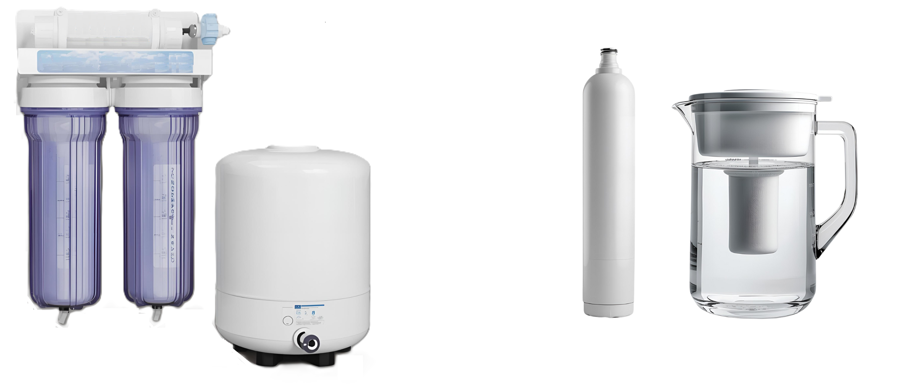 Four types of residential water filtration systems: dual-stage under-sink filter with clear blue housings, white countertop reverse osmosis system, tall cylindrical under-sink filter cartridge, and clear glass water filter pitcher